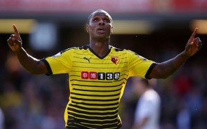 WATFORD, ENGLAND - SEPTEMBER 12: Odion Ighalo of Watford celebrates scoring the opening goal during the Barclays Premier League match between Watford and Swansea City at Vicarage Road on September 12, 2015 in Watford, United Kingdom. (Photo by Ian Walton/Getty Images)